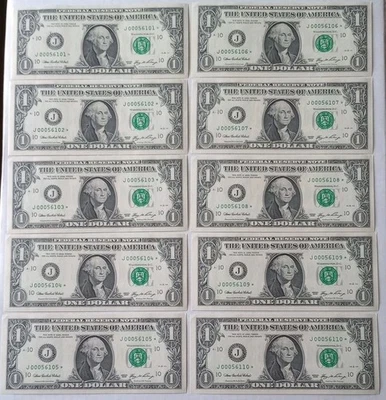 (10) $1 Dollar Bill Star Note ⭐ 2006 J Fort Worth Low Serial Number Uncirculated - Image 1 of 4