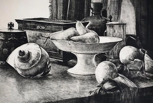 Original Kohle(?)zeichnung mit Signatur - Stillleben von 1956 - Bild 1 von 3