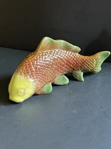Koi Fish Figurine Art Pottery Swimming Carp Ceramic Green and Brown 9" Majolica - Picture 1 of 21