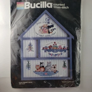 Bucilla Cross Stitch Kit GOOD FRIENDS Cats Country 9x12 Wooden Hutch 40310 NEW - Picture 1 of 6