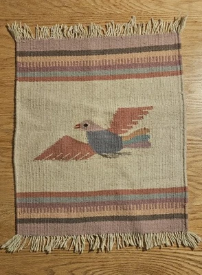 Alfombra textil tejida a mano mexicana vintage de lana zapoteca para colgar en la pared pájaro Foto 1 de 4