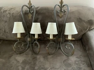 Pair of Fine art lamps wrought iron wall sconces lights linen shades - Picture 1 of 17