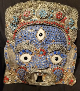Tibetan Mahakala Brass Mask Antique Lapis Coral Turquoise Onyx Glass Vtg Read - Picture 1 of 15