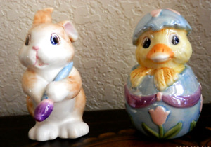 Vtg Fitz and Floyd Painting Easter Eggs Duckling Bunny Salt Pepper Shakers, Iob