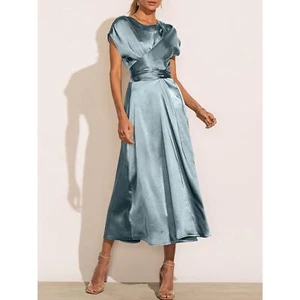 Gorgeous Women's Summer Satin Cap Sleeve Wrap Elegant A-Line Flowy Wedding Guest - Picture 1 of 16