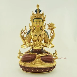 24 K Gold detaillierte handgeschnitzte Chenrezig Avalokeshvara Kupfer Statue Patan Nepal - Bild 1 von 4