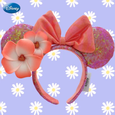 Disney- Diadema Lentejuelas Rosa Orejas de Parque Mickey EAR Aulani Hawaii Naranja Plumeria Foto 1 de 4