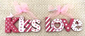 Valentine "KISS & LOVE" wood cutout ornaments, 6" x 2 1/2" T, Pinks & White NWT - Picture 1 of 7