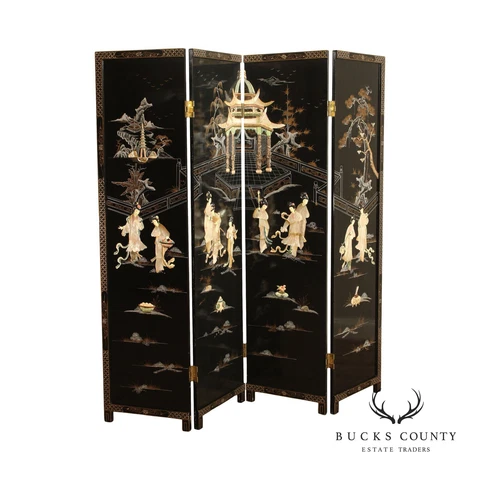 Asian Decorated Black Lacquer Four-Panel Folding Screen Cover