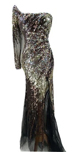 New Mac Duggal Beaded Sequin Formal Pageant Gown Dress Women’s Sz 4 One Sleeve - Picture 1 of 7