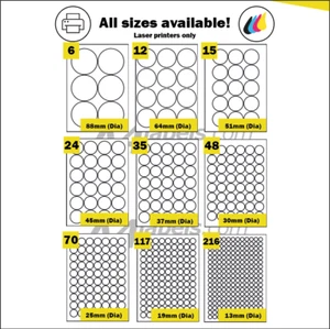 Round Laser Gloss White Printing Labels. Glossy, Shiny, high gloss A4 Stickers  - Picture 1 of 10