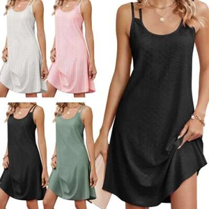 Women Summer Sleeveless A-Line Dress Loose Strappy Holiday Beach Sundress S-2XL - Picture 1 of 18