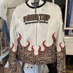 power trip motorcycle jacket Women Size Small Regular White Leopard Print 2 Pc - Picture 1 of 24