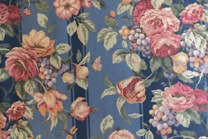 Vintage blue navy striped floral upholstery fabric by the yard - Picture 1 of 3