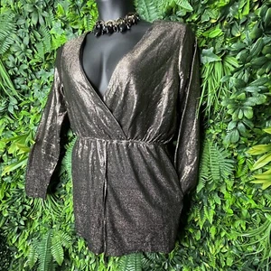 FOREVER 21 Jumpsuit Women Shorts Large Black Gold Romper V Neckline NWT 0888 - Picture 1 of 10