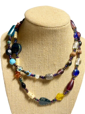 Boho Artisan Crafted Glass Trade Bead, Amber, Stone, Wood, Metal, + Necklace - Image 1 of 4
