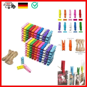 250 x Farbige Holzklammern Mini mit Juteschnur, 3,5CM Bunte Kleine Klammer, D... - Bild 1 von 10