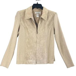 Coldwater Creek Jacket Womens Large Tan Suede Leather Knit Sleeves Full Zip - Picture 1 of 9