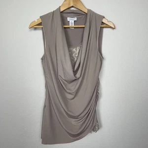 Carmen Marc Valvo Taupe Cowlneck Sleeveless Ruched Lace Hem Top Size S Fairycore - Picture 1 of 6