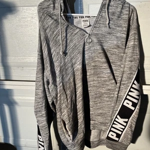 PINK Victoria's Secret Gray Quarter Zip Hoodie Sweatshirt Large - Picture 1 of 4