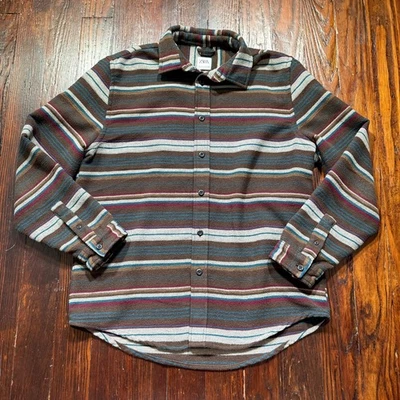 Zara Shacket Mens L Brown Stripes Shirt Jacket Heavy Aztec - Image 1 of 4