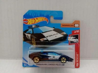 Tarjeta corta Hot Wheels Black HW Rescue Lamborghini Countach Police Car 142/250 Foto 1 de 4