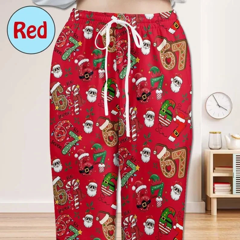 67 Pantalones de pijama de Navidad, diseño rojo de Papá Noel y pan de jengibre para comodidad navideña Foto 1 de 2