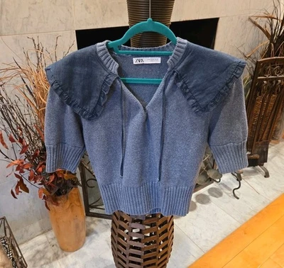Suéter Top Para Mujer Zara Tejido Manga Corta Talla Mediana Denim Cuello Azul  Foto 1 de 4