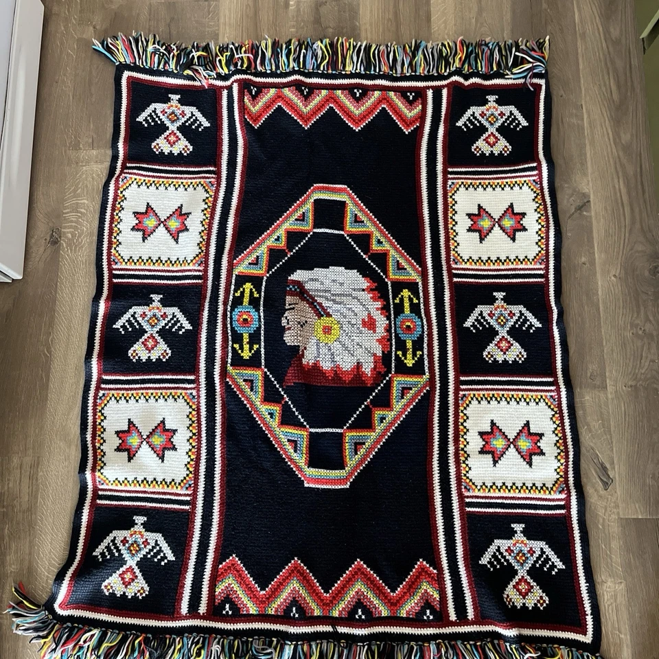 Manta afgana hecha a mano de ganchillo indio nativo americano vintage occidental Foto 1 de 4