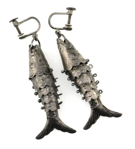Orecchini Vintage Giappone Argento Pesce Articolato Pendente Goccia Vite Retro - Foto 1 di 8