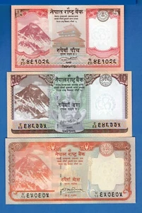 Nepal 5 & 10 & 20 Rupees Random Years Mt. Everest Uncirculated Banknotes Set #1 - Picture 1 of 2