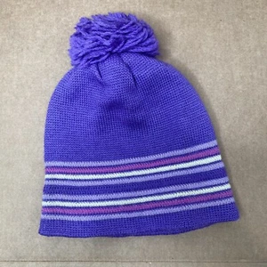 Vtg Meister 100% Wool Knit Pom Beanie Purple Pink Striped Ski Hat USA Winter - Picture 1 of 6