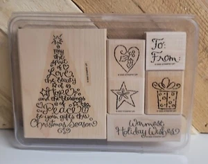 Stampin' Up WARM HOLIDAY WISHS AMOR ESPERANZA ÁRBOL PAZ 6 PIEZAS BLOQUE MADERA SELLO DE GOMA - Imagen 1 de 3