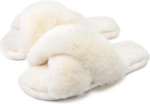 Womens Cross Band Slippers Cozy Furry Fuzzy House Slippers Open Toe Fluffy Indoo - Picture 1 of 9