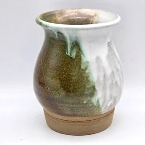Studio Handmade Pottery Beige Green Vase Hand Applied Drip Glaze Inside Outside - Picture 1 of 11
