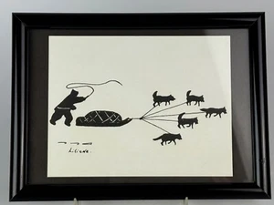 Liliane Black Ink Block Inuit Eskimo Sleigh with dog Sled Signed Art Work - Picture 1 of 2