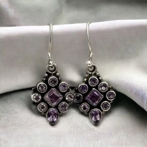 Vintage Sterling Silver 925 Round Square Pear Amethyst Drop Dangle Hook Earrings - Picture 1 of 4