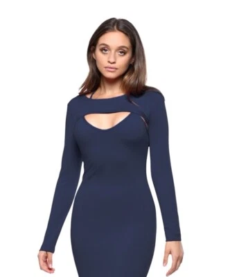 Charlotte Russe 长袖紧身迷你连衣裙 XS 海军蓝镂空 VSCO Y2K — 第 1/4 张图片