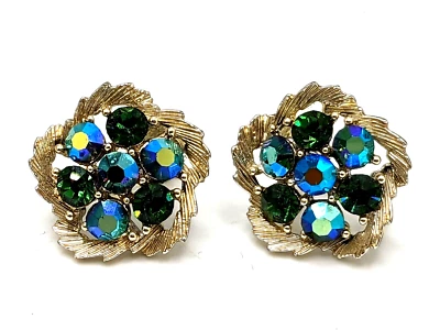 Pendientes Vintage Lisner Tono Dorado Aurora Boreal Verde Estrás Moda 1960 Foto 1 de 4