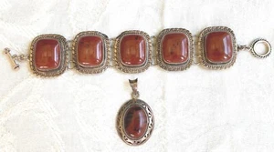 VTG Sterling Silver Mahogany Obsidian 8" Toggle Bracelet w/ Pendant, Mexico 925 - Picture 1 of 16