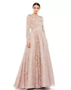 Mac Duggal Floral Embroidered & Beaded Long Sleeve Mesh Gown Sz 14 Mocha $998 - Picture 1 of 2