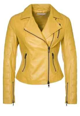 Women Yellow Leather Jacket Genuine Leather Biker Motorcycle Jacket Casual Wear - Image 1 of 4