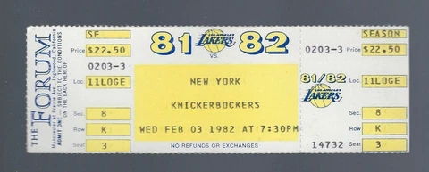 MAGIC JOHNSON - 1982 NBA NEW YORK KNICKS @ LA LAKERS FULL BASKETBALL TICKET Cover