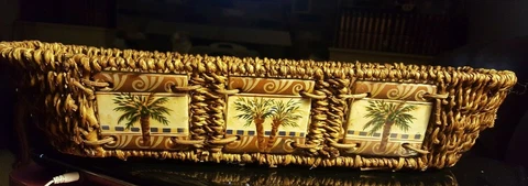 Wicker Rattan Basket with Ceramic Palm Tree Tiles, Oblong, 17" x 6" x 3.5" H Cover