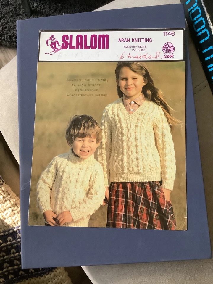 SLALOM CHILD V AND CREW NECK SWEATERS ARAN KNITTING PATTERN - Image 1 of 1