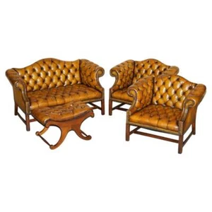 ANTIQUE RESTORED BROWN LEATHER CHESTERFIELD LIBRARY ARMCHAIRS SOFA STOOL SUITE - Picture 1 of 12