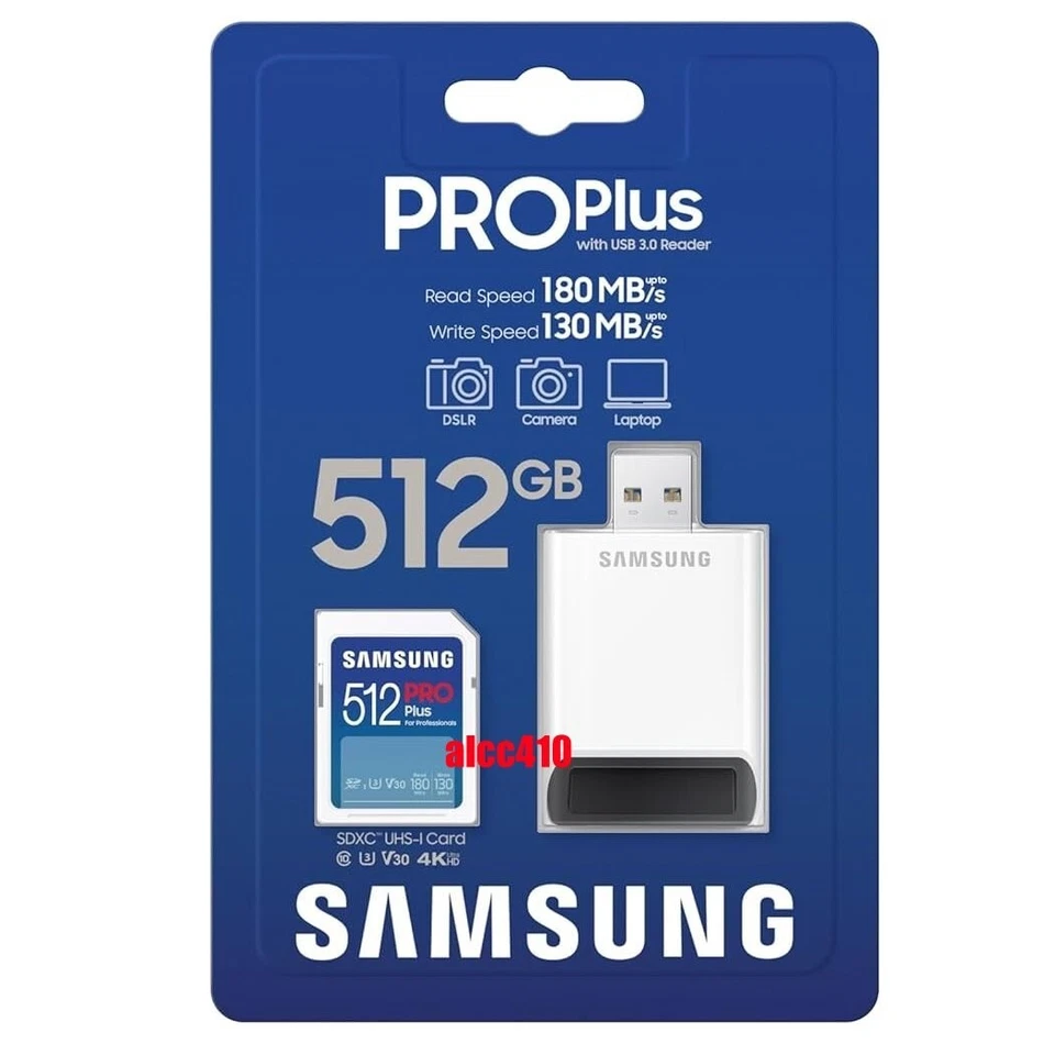 SAMSUNG Pro Plus 512GB SDXC Memory Card UHS-I V30 U3 C10 180MB/s with Reader - Image 1 of 1