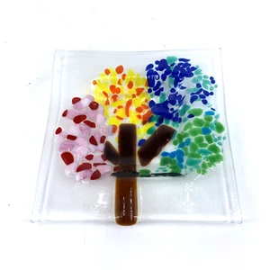 Fused Art Glass Tree Trinket Dish Square 5.75" Unsigned Multicolor - Picture 1 of 7