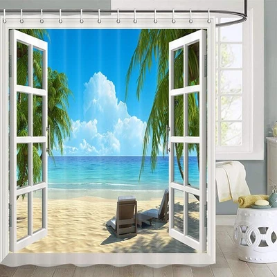 Palm Tree Shower Curtain Tropical Palm Trees on an Island Beach Through White... - Image 1 of 4