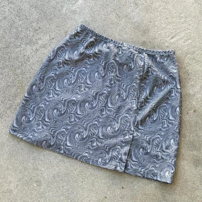 复古 90 年代 Y2K Hot Kiss 银色闪光抽象漩涡弹力迷你裙小号美国 — 第 1/4 张图片